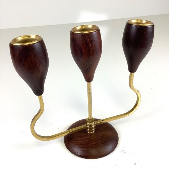 Mid Century Modern Danish Wood Brass Tulip Candle Holders MCM Art Nouveau Triple - Picture 1 of 6